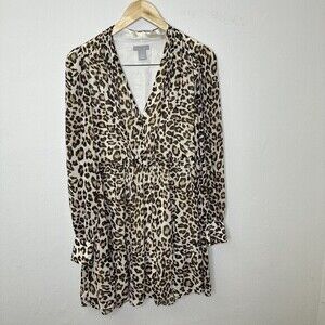 Divided H&M Leopard Print Dress Women's Fit and Flare Tan Size 4 Long Sleeve Tan